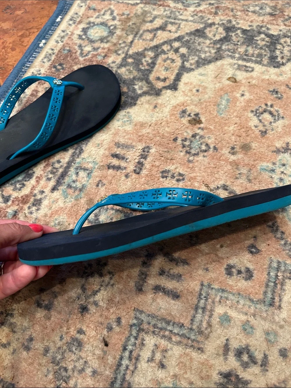 Tory Burch Teal Logo Thong Sandals